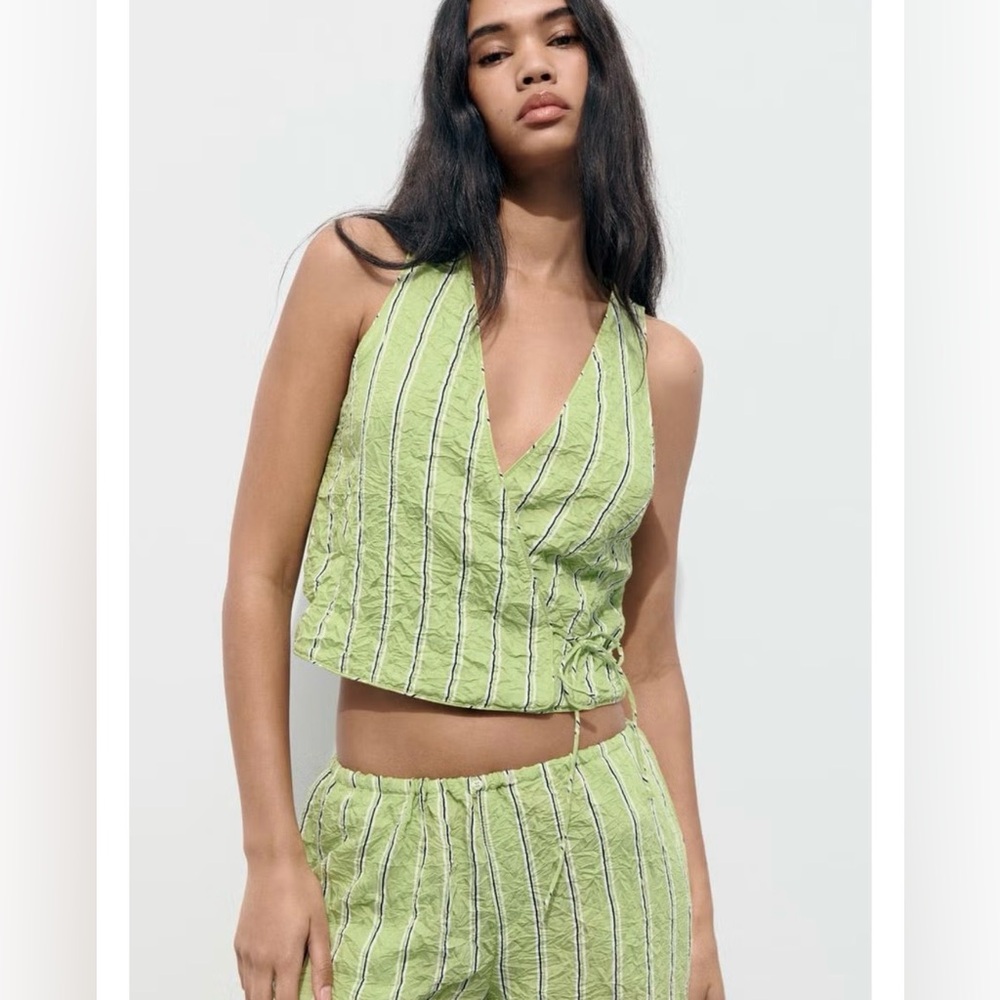 Zara Light Green Striped Wrap Blouse with Adjustable Ties